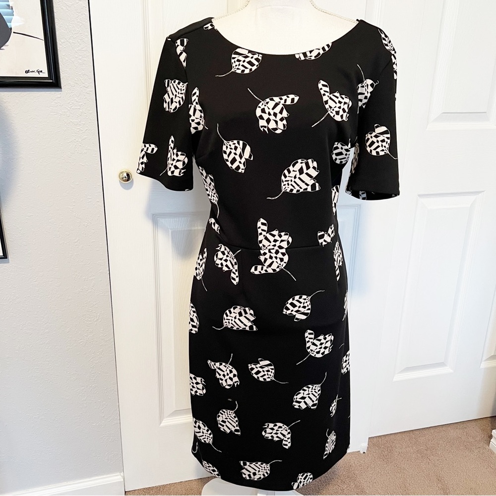 Vince Camuto Black & White Leaf Pattern Dress Size Large